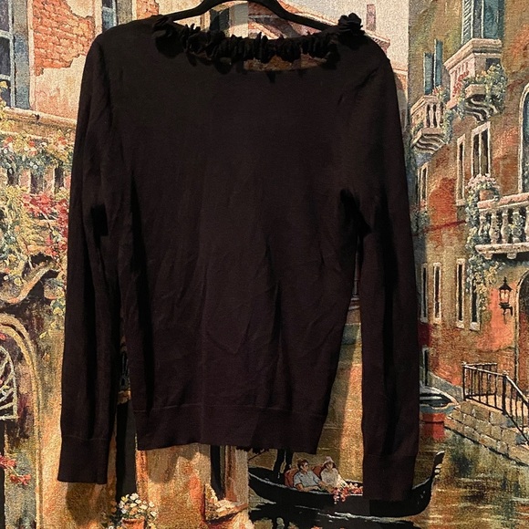 LOFT Black Ruffle V-Neck Cardigan, Snap Closure, small hole - Picture 4 of 6